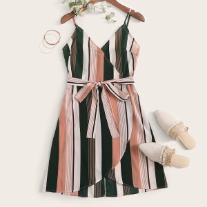 Surplice Wrap Belted Striped Cami Dress