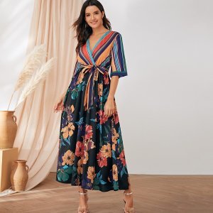 Shein - Surplice wrap botanical & striped print dress