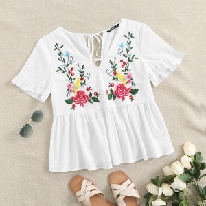 Tie Back Embroidery Floral Peplum Top
