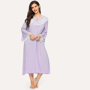 Tie Neck Bell Sleeve Contrast Lace Trim Nightdress