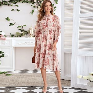 Shein - Tie neck floral print chiffon overlay dress