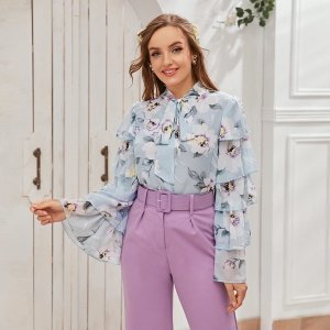 Shein - Tie neck layered sleeve floral chiffon blouse