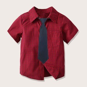 Toddler Boys Gingham Shirt With Necktie