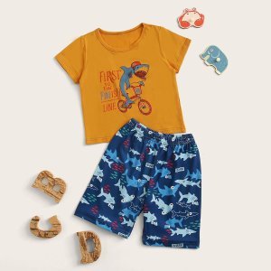 Shein - Toddler boys shark & slogan graphic pj set