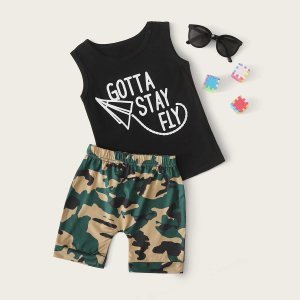 Toddler Boys Slogan Graphic Tank Top With Camo Shorts