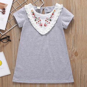 Toddler Girl Buttoned Keyhole Floral Embroidery Frill Dress
