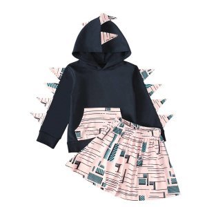Shein - Toddler girls 3d patched hooded sweatshirt with geo print skirt