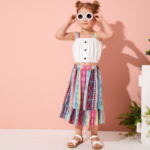 Toddler Girls Button Front Cami Top With Aztec Print Skirt