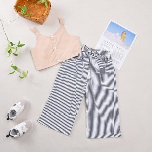 Toddler Girls Button Front Tank Top & Striped Wide Leg Pants With Belt