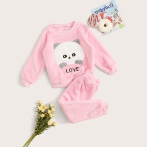 Toddler Girls Cartoon Embroidery Flannel Sweatshirt With Sweatpants