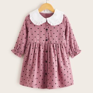Toddler Girls Corduroy Contrast Collar Polka Dot Shirt Dress