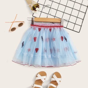 Toddler Girls Embroidered Detail Contrast Mesh Flared Skirt