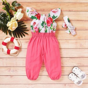 Toddler Girls Floral Paperbag Waist Combo Jumpsuit With Headband