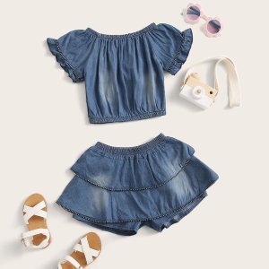 Shein - Toddler girls frilled cuff denim blouse & elastic waist denim skort set