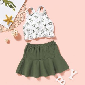 Toddler Girls Leaf Print Ruffle Hem Cami Top & Skirt