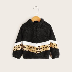 Toddler Girls Leopard Panel Half Zipper Teddy Sweatshirt