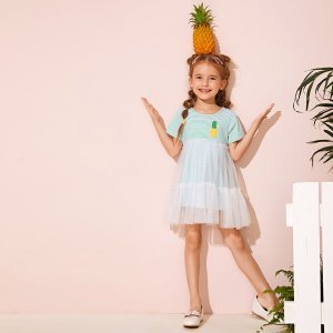 Toddler Girls Pineapple Print Striped Mesh Panel Dress