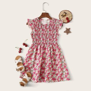Toddler Girls Ruffle Trim Shirred Floral A-line Dress