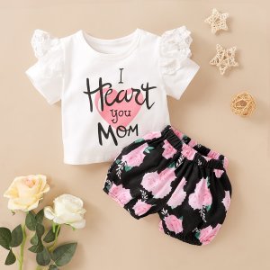 Toddler Girls Slogan Graphic Contrast Lace Tee With Floral Shorts