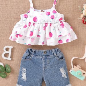 Shein - Toddler girls strawberry print layered ruffle cami top with shorts