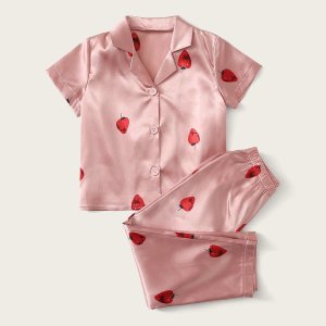 Toddler Girls Strawberry Print Satin PJ Set