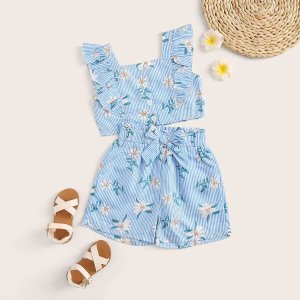 Toddler Girls Stripe & Floral Print Ruffle Top & Tie Front Paperbag Shorts
