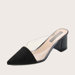 Transparent Point Toe Chunky Heeled Mules