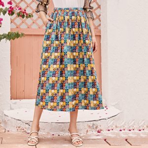 Tribal And Patchwork Print Flared Skirt