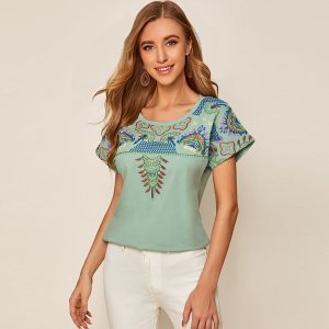 Tribal Embroidery Round Neck Tee