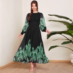 Tropical Print Lantern Sleeve Chiffon Dress