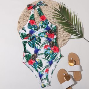 Shein - Tropical random print twist detail one piece swimsuit