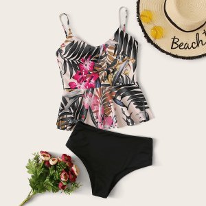 Tropical Ruffle Trim High Waisted Bikini Swimsuit