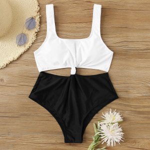 Shein - Two tone knot detail one piece swimsuit