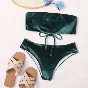 Shein - Velvet lace-up bandeau bikini swimsuit