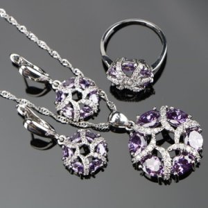 Productspro - 3 stks dames paars stenen sieraden sets 925 sterling zilveren sieraden voor vrouwen bruiloft sieraden met hanger/ketting/ring/oorbellen - ring size 7