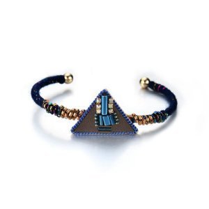 Bohemian Dames Armband Punk Blue Kraal Inlay Lederen Driehoek Bedel Vergulde Geweven Boho Armband - blauw