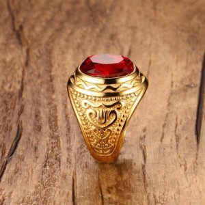 Productspro - Elegante ronde bisschop heren ringen in floralmet rode steen ring voor mannen rvs gold tone retro sieraden accessoires - 10