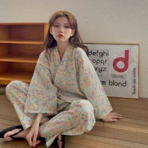 Productspro - Kimono vrouwen zomer lente kamer slijtage japanse kawaii pyjama vintage bloemen pyjama femme losse pijamas tweedelige sets nachtkleding