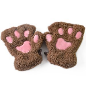 Productspro - Winter mooie kids jongens meisjes pluche handschoenen beer kat klauw poot wanten kinderen korte vinger half handschoenen - beige
