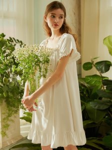 Productspro - Zomer katoen zoete prinses nachtkleding korte mouw elegante vrouwelijke witte nachthemden meisjes losse nachtkleding