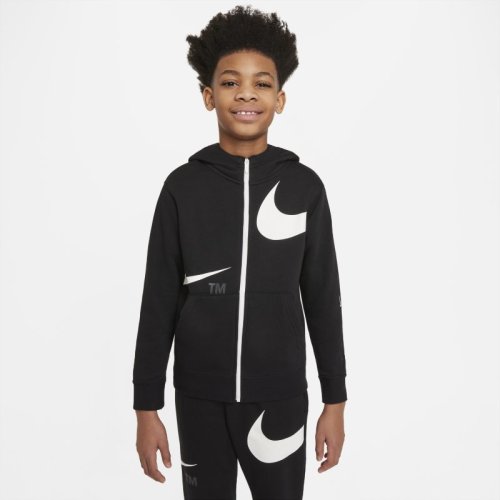 Dzianinowa bluza z kapturem i zamkiem na całej długości dla dużych dzieci (chłopców) Nike Sportswear Swoosh - Czerń