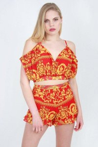 Red and Gold Baroque Drawstring Co-ord Set - 8 Gold