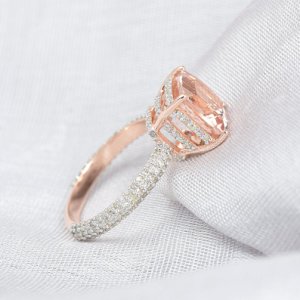 18kt Solid Rose Gold Cushion Morganite & Diamond Halo Engagement Ring