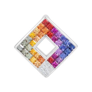 9kt White Gold Rainbow Sapphire & Diamond Square Pendant