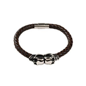 Brown Leather Skull Bracelet With Silver