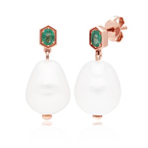 Gemondo Rose Gold Plated Silver Modern Baroque Pearl & Emerald Drop Earrings