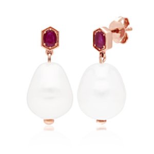Gemondo Rose Gold Plated Silver Modern Baroque Pearl & Ruby Drop Earrings