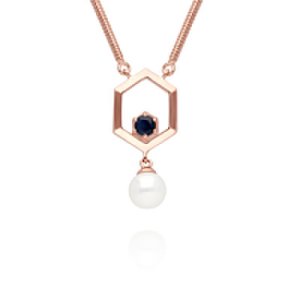 Gemondo Rose Gold Plated Silver Modern Pearl & Sapphire Hexagon Drop Necklace