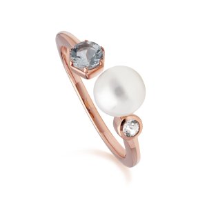 Gemondo Rose Gold Plated Silver Modern Pearl & White Topaz Open Ring - UK M - US 6.25 - EU 52.5