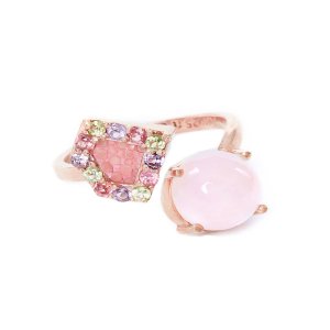 Rose Gold Plated Silver Ring With Rose Stingray Leather & Rose Quartz - UK L 1/4 - US 5.75 - EU 51.5